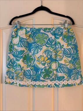 Lilly Pulitzer Blue, Green & Yellow Floral Mini Skirt with White Trim